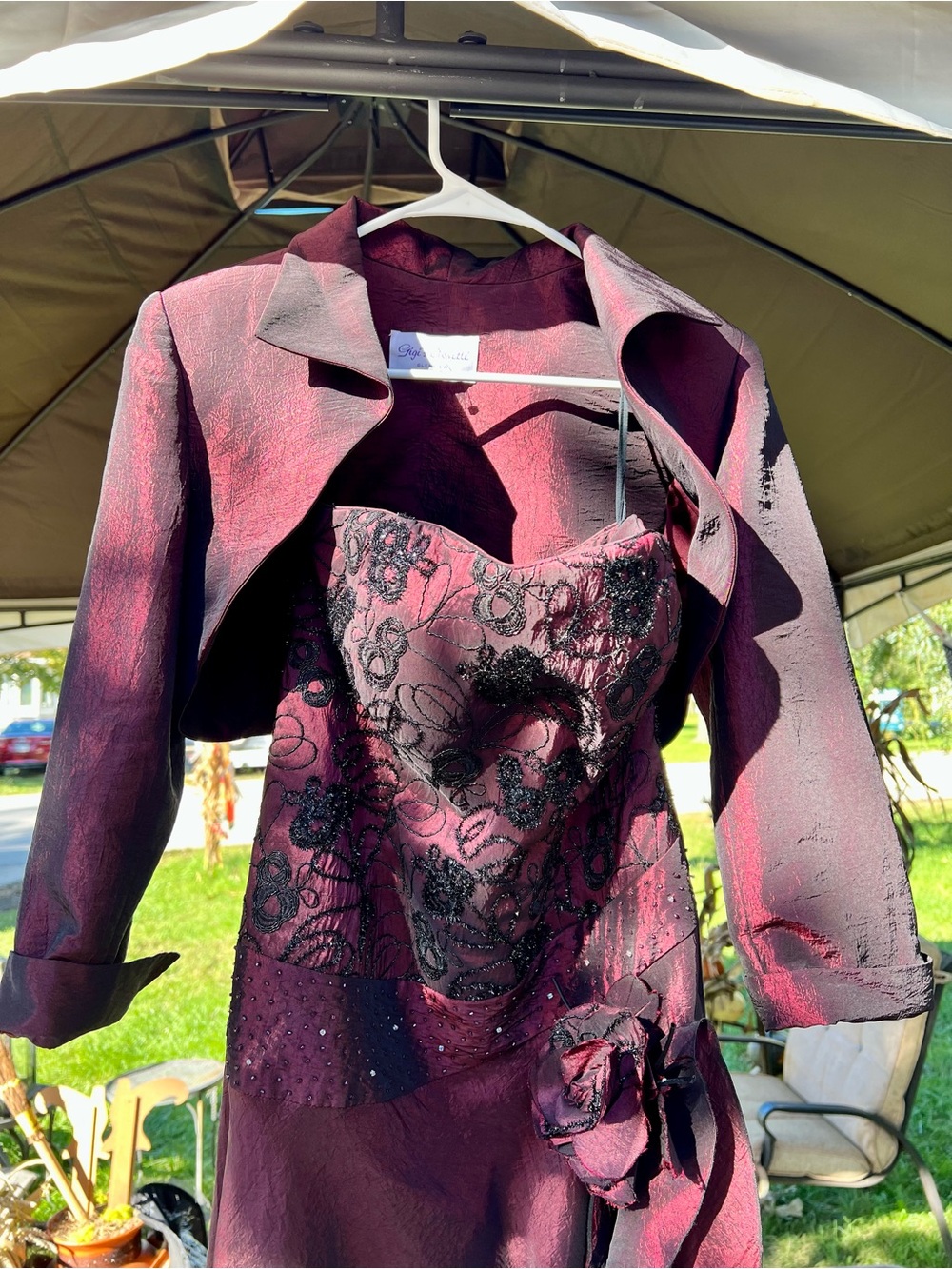 Burgundy Floral Lace Strapless Dress with Coordinating Cropped Jacket